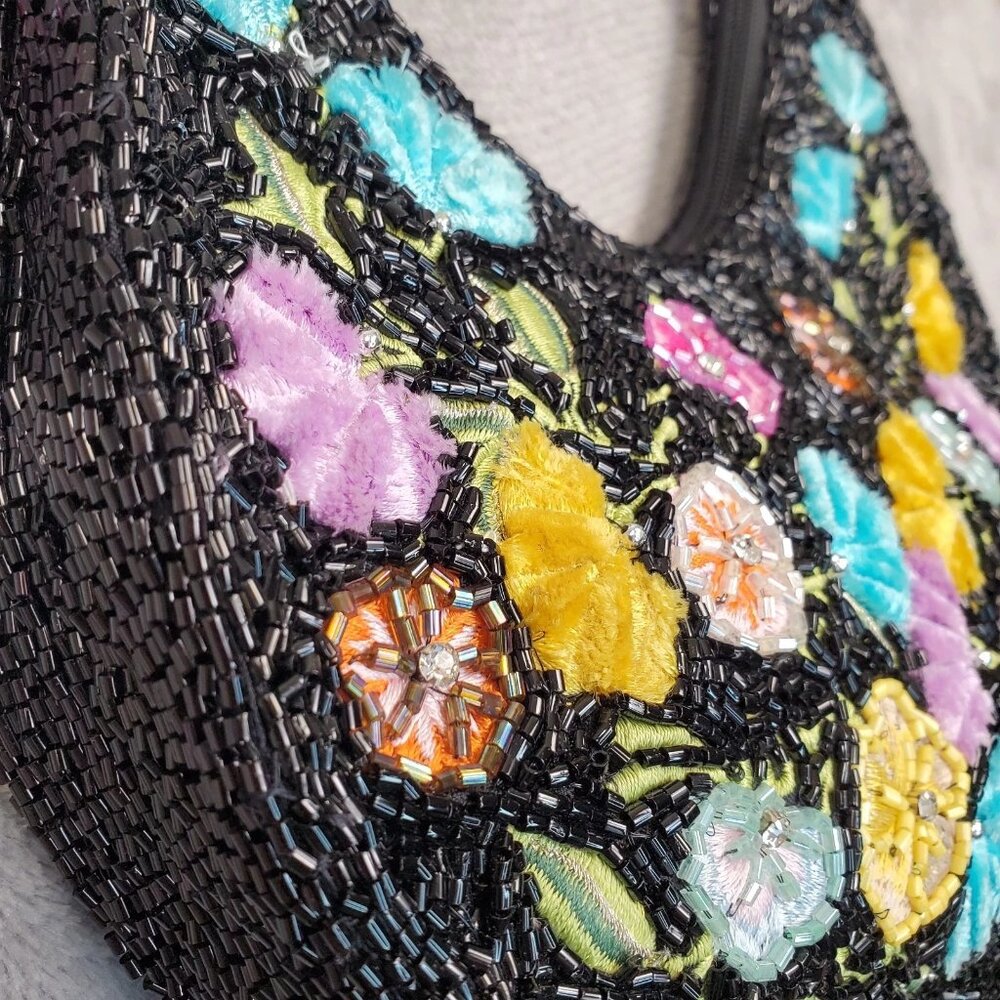 Made In India Floral Beaded Embellished Shoulder Bag Black Multi NWT Viral Boho - Picture 3 of 16